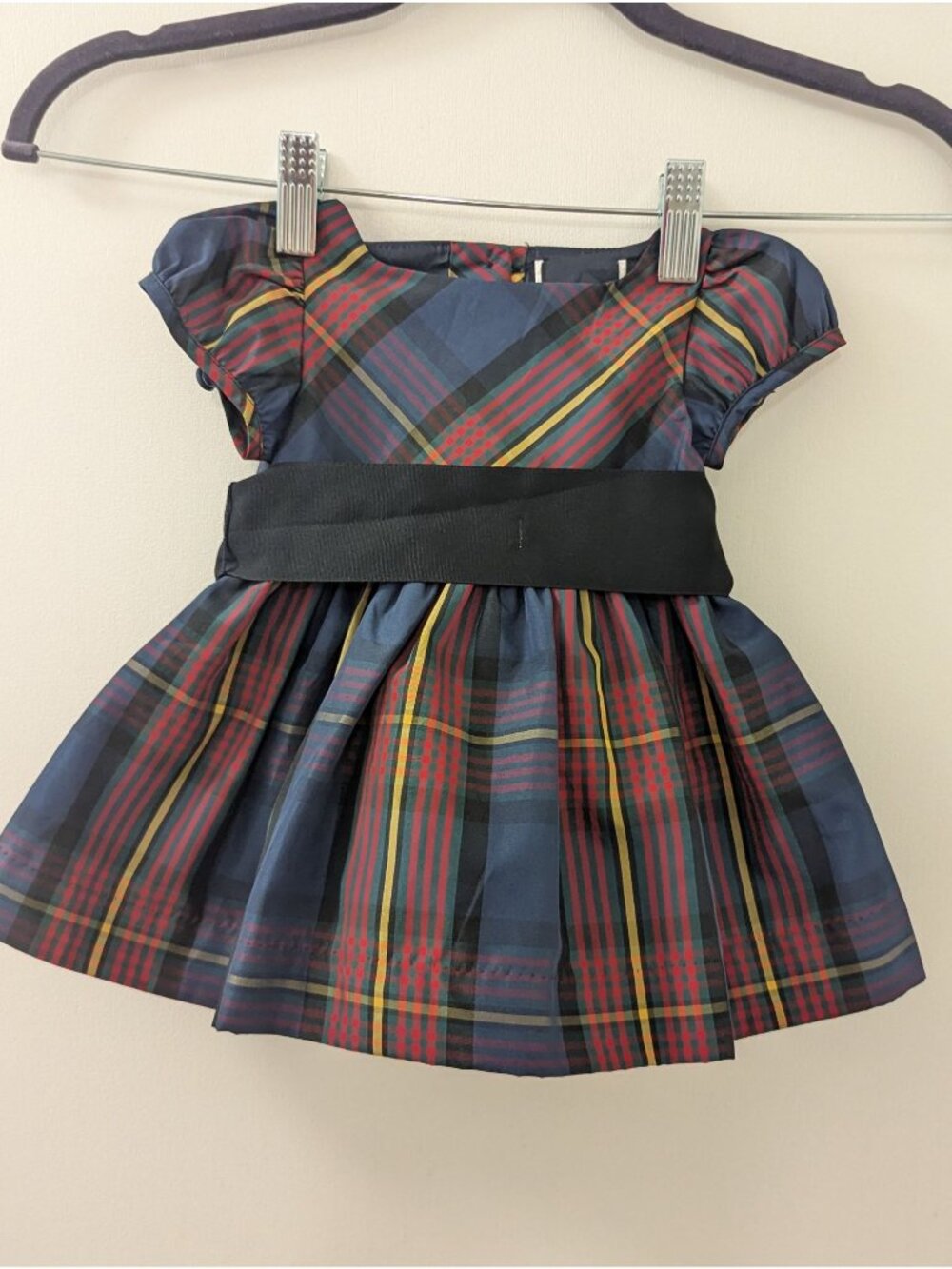 Ralph Lauren Holiday Tartan Girls Dress With Black Bow Sash & Back Buttons